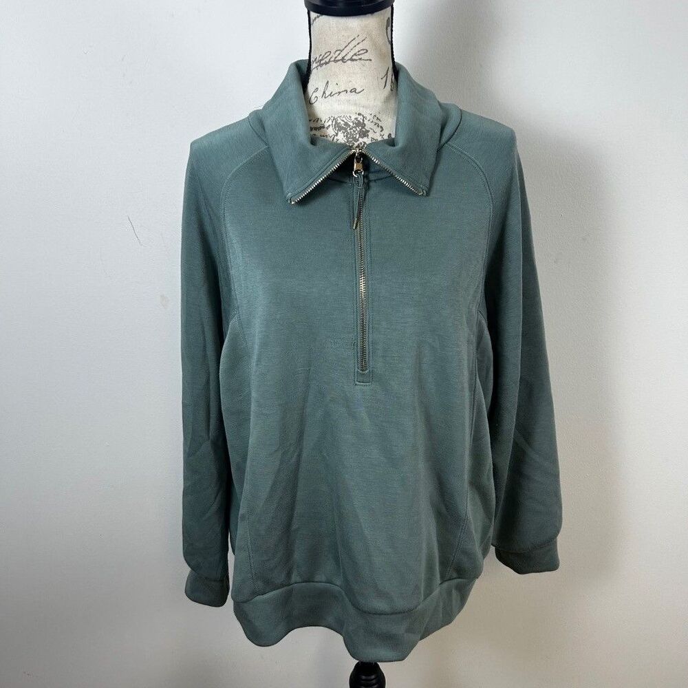 Magaschoni Woman Pullover Sweatshirt Womens 1X Green Quarter Zip Collared Soft